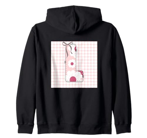Damen-Anfangsbuchstabe L, Patchwork, rosa Blumennähte Kapuzenjacke von LETTER FLOWER PATCH PATCHWORK GRAPHIC DESIGNS