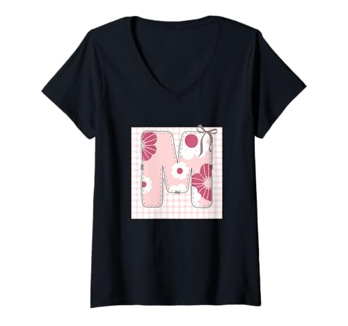 Damen Anfangsbuchstabe M für Damen, Patchwork, rosa Blumennähte T-Shirt mit V-Ausschnitt Damen Anfangsbuchstabe M für Damen, Patchwork, rosa Blumennähte T-Shirt mit V-Ausschnitt von LETTER FLOWER PATCH PATCHWORK GRAPHIC DESIGNS