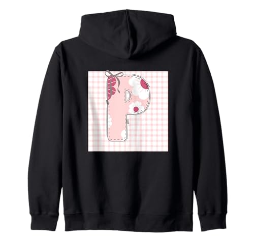 Damen Anfangsbuchstabe P Patchwork, rosa Blumennähte Kapuzenjacke von LETTER FLOWER PATCH PATCHWORK GRAPHIC DESIGNS