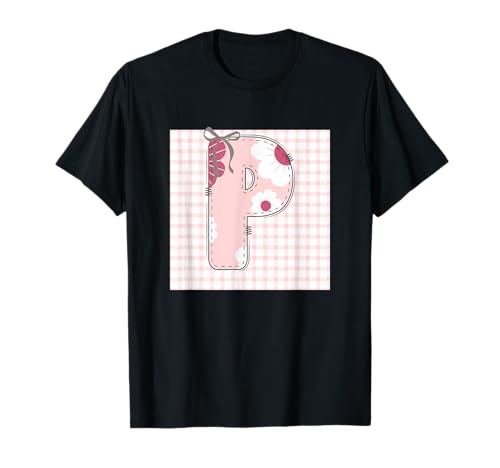 Damen Anfangsbuchstabe P Patchwork, rosa Blumennähte T-Shirt Damen Anfangsbuchstabe P Patchwork, rosa Blumennähte T-Shirt von LETTER FLOWER PATCH PATCHWORK GRAPHIC DESIGNS