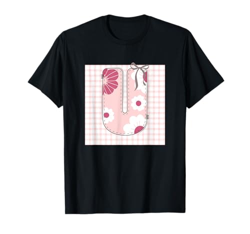 Damen-Anfangsbuchstabe U, Patchwork, rosa Blumennähte T-Shirt Damen-Anfangsbuchstabe U, Patchwork, rosa Blumennähte T-Shirt von LETTER FLOWER PATCH PATCHWORK GRAPHIC DESIGNS