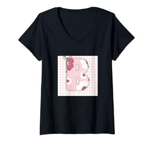 Damen Damen-Anfangsbuchstabe "B", Patchwork, rosa Blumennähte T-Shirt mit V-Ausschnitt von LETTER FLOWER PATCH PATCHWORK GRAPHIC DESIGNS