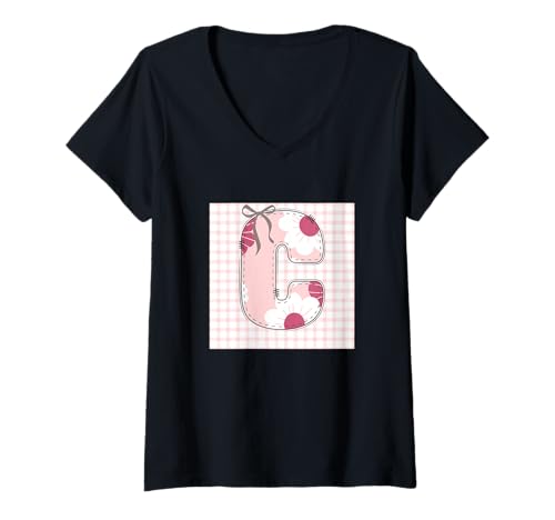 Damen Damen-Anfangsbuchstabe "C", Patchwork, rosa Blumennähte T-Shirt mit V-Ausschnitt von LETTER FLOWER PATCH PATCHWORK GRAPHIC DESIGNS