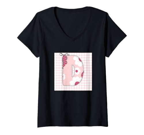 Damen Damen-Anfangsbuchstabe 'D' Patchwork, rosa Blumennähte T-Shirt mit V-Ausschnitt von LETTER FLOWER PATCH PATCHWORK GRAPHIC DESIGNS