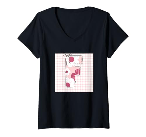 Damen Damen-Anfangsbuchstabe "F", Patchwork, rosa Blumennähte T-Shirt mit V-Ausschnitt von LETTER FLOWER PATCH PATCHWORK GRAPHIC DESIGNS