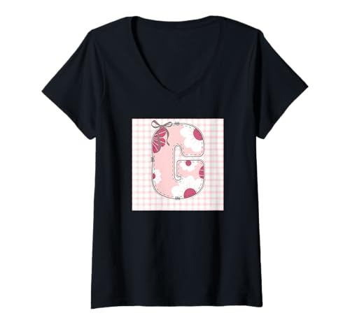 Damen Damen-Anfangsbuchstabe "G", Patchwork, rosa Blumennähte T-Shirt mit V-Ausschnitt Damen Damen-Anfangsbuchstabe "G", Patchwork, rosa Blumennähte T-Shirt mit V-Ausschnitt von LETTER FLOWER PATCH PATCHWORK GRAPHIC DESIGNS