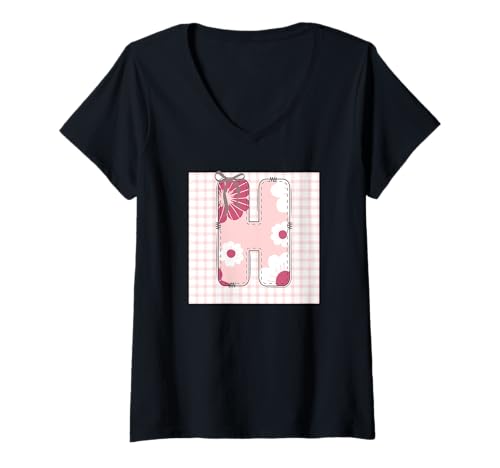 Damen Damen-Anfangsbuchstabe "H", Patchwork, rosa Blumennähte T-Shirt mit V-Ausschnitt Damen Damen-Anfangsbuchstabe "H", Patchwork, rosa Blumennähte T-Shirt mit V-Ausschnitt von LETTER FLOWER PATCH PATCHWORK GRAPHIC DESIGNS