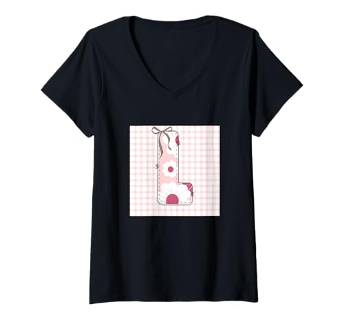 Damen Damen-Anfangsbuchstabe L, Patchwork, rosa Blumennähte T-Shirt mit V-Ausschnitt Damen Damen-Anfangsbuchstabe L, Patchwork, rosa Blumennähte T-Shirt mit V-Ausschnitt von LETTER FLOWER PATCH PATCHWORK GRAPHIC DESIGNS