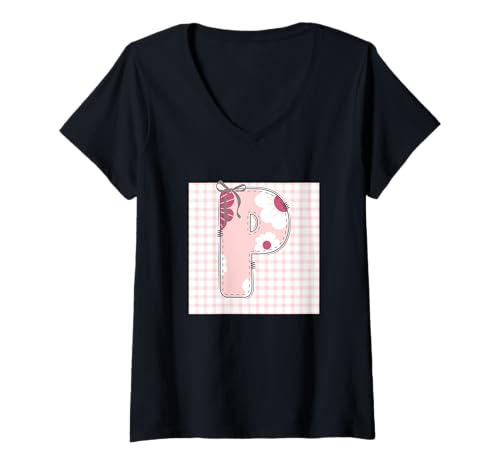 Damen Damen Anfangsbuchstabe P Patchwork, rosa Blumennähte T-Shirt mit V-Ausschnitt Damen Damen Anfangsbuchstabe P Patchwork, rosa Blumennähte T-Shirt mit V-Ausschnitt von LETTER FLOWER PATCH PATCHWORK GRAPHIC DESIGNS