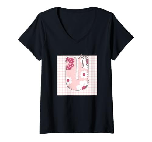 Damen Damen-Anfangsbuchstabe U, Patchwork, rosa Blumennähte T-Shirt mit V-Ausschnitt Damen Damen-Anfangsbuchstabe U, Patchwork, rosa Blumennähte T-Shirt mit V-Ausschnitt von LETTER FLOWER PATCH PATCHWORK GRAPHIC DESIGNS