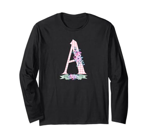 Anfangsbuchstabe A für Damen und Mädchen, rosa Gingham-Blumenband Langarmshirt Anfangsbuchstabe A für Damen und Mädchen, rosa Gingham-Blumenband Langarmshirt von LETTER FLOWER PINK GINGHAM GREEN RIBBON GRAPHICS