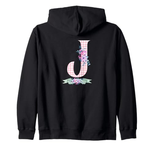 Anfangsbuchstabe J für Damen und Mädchen, rosa Gingham-Blumenband Kapuzenjacke Anfangsbuchstabe J für Damen und Mädchen, rosa Gingham-Blumenband Kapuzenjacke von LETTER FLOWER PINK GINGHAM GREEN RIBBON GRAPHICS