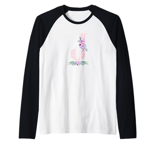 Anfangsbuchstabe J für Damen und Mädchen, rosa Gingham-Blumenband Raglan Anfangsbuchstabe J für Damen und Mädchen, rosa Gingham-Blumenband Raglan von LETTER FLOWER PINK GINGHAM GREEN RIBBON GRAPHICS