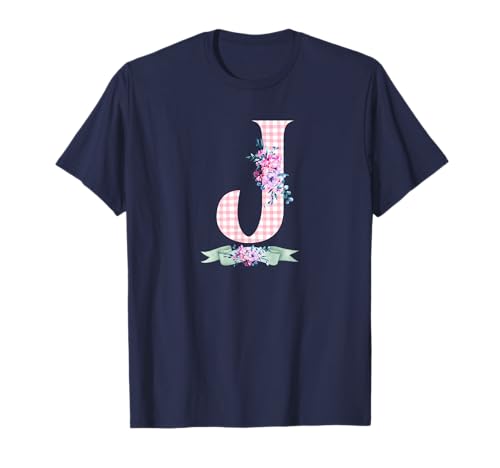 Anfangsbuchstabe J für Damen und Mädchen, rosa Gingham-Blumenband T-Shirt Anfangsbuchstabe J für Damen und Mädchen, rosa Gingham-Blumenband T-Shirt von LETTER FLOWER PINK GINGHAM GREEN RIBBON GRAPHICS