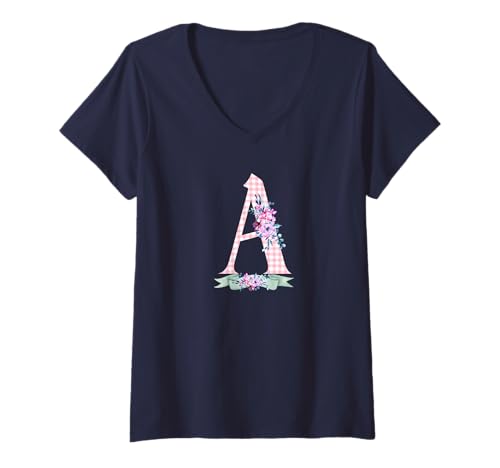 Damen Anfangsbuchstabe A für Damen und Mädchen, rosa Gingham-Blumenband T-Shirt mit V-Ausschnitt Damen Anfangsbuchstabe A für Damen und Mädchen, rosa Gingham-Blumenband T-Shirt mit V-Ausschnitt von LETTER FLOWER PINK GINGHAM GREEN RIBBON GRAPHICS