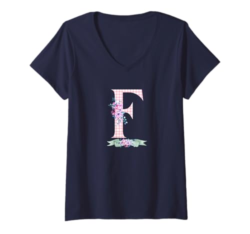 Damen Anfangsbuchstabe F für Damen und Herren, mit pinkem Gingham-Blumenband T-Shirt mit V-Ausschnitt Damen Anfangsbuchstabe F für Damen und Herren, mit pinkem Gingham-Blumenband T-Shirt mit V-Ausschnitt von LETTER FLOWER PINK GINGHAM GREEN RIBBON GRAPHICS