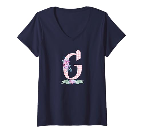 Damen Anfangsbuchstabe G für Damen und Herren, rosa Gingham-Blumenband T-Shirt mit V-Ausschnitt Damen Anfangsbuchstabe G für Damen und Herren, rosa Gingham-Blumenband T-Shirt mit V-Ausschnitt von LETTER FLOWER PINK GINGHAM GREEN RIBBON GRAPHICS