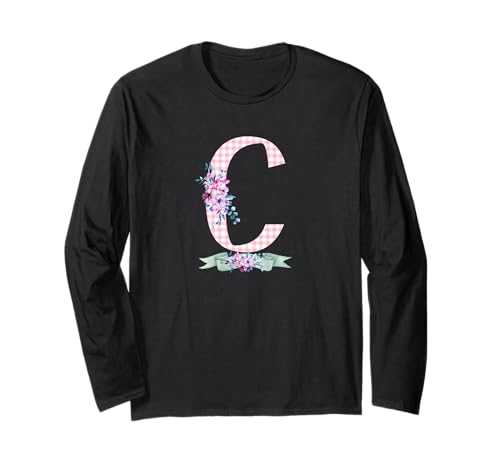 Damen C Initialbuchstabe und rosa Gingham-Blumenband Langarmshirt Damen C Initialbuchstabe und rosa Gingham-Blumenband Langarmshirt von LETTER FLOWER PINK GINGHAM GREEN RIBBON GRAPHICS