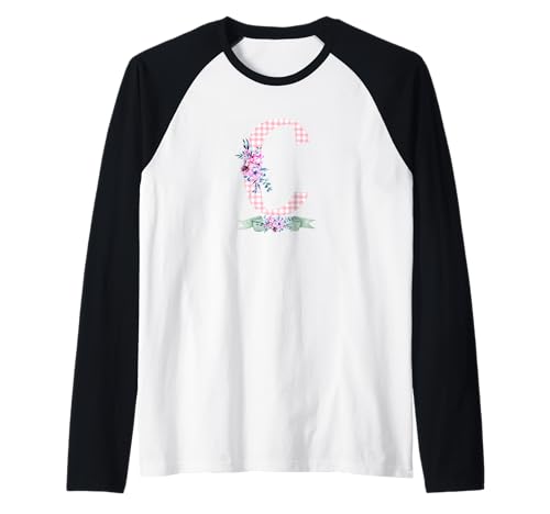 Damen C Initialbuchstabe und rosa Gingham-Blumenband Raglan Damen C Initialbuchstabe und rosa Gingham-Blumenband Raglan von LETTER FLOWER PINK GINGHAM GREEN RIBBON GRAPHICS