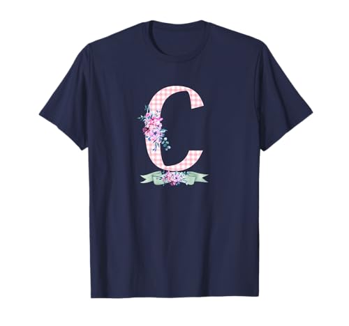 Damen C Initialbuchstabe und rosa Gingham-Blumenband T-Shirt Damen C Initialbuchstabe und rosa Gingham-Blumenband T-Shirt von LETTER FLOWER PINK GINGHAM GREEN RIBBON GRAPHICS