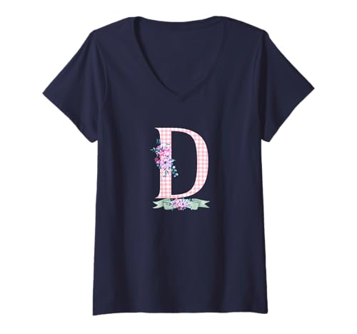 Damen D' Anfangsbuchstabe für Damen und Mädchen, rosa Gingham-Blumenband T-Shirt mit V-Ausschnitt Damen D' Anfangsbuchstabe für Damen und Mädchen, rosa Gingham-Blumenband T-Shirt mit V-Ausschnitt von LETTER FLOWER PINK GINGHAM GREEN RIBBON GRAPHICS