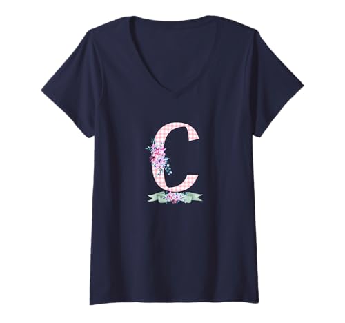 Damen Damen C Initialbuchstabe und rosa Gingham-Blumenband T-Shirt mit V-Ausschnitt Damen Damen C Initialbuchstabe und rosa Gingham-Blumenband T-Shirt mit V-Ausschnitt von LETTER FLOWER PINK GINGHAM GREEN RIBBON GRAPHICS