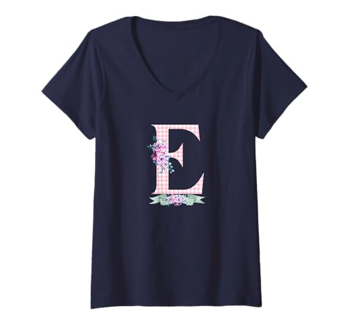 Damen Damen E Initialbuchstabe und rosa Gingham-Blumenband T-Shirt mit V-Ausschnitt Damen Damen E Initialbuchstabe und rosa Gingham-Blumenband T-Shirt mit V-Ausschnitt von LETTER FLOWER PINK GINGHAM GREEN RIBBON GRAPHICS