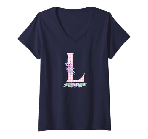 Damen Damen L Initialbuchstabe und rosa Gingham-Blumenband T-Shirt mit V-Ausschnitt Damen Damen L Initialbuchstabe und rosa Gingham-Blumenband T-Shirt mit V-Ausschnitt von LETTER FLOWER PINK GINGHAM GREEN RIBBON GRAPHICS