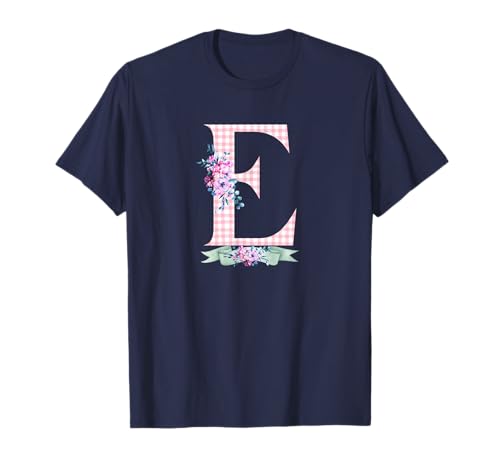 Damen E Initialbuchstabe und rosa Gingham-Blumenband T-Shirt Damen E Initialbuchstabe und rosa Gingham-Blumenband T-Shirt von LETTER FLOWER PINK GINGHAM GREEN RIBBON GRAPHICS