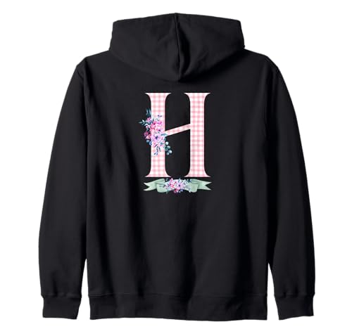 Damen H Initialbuchstabe und rosa Gingham-Blumenband Kapuzenjacke Damen H Initialbuchstabe und rosa Gingham-Blumenband Kapuzenjacke von LETTER FLOWER PINK GINGHAM GREEN RIBBON GRAPHICS