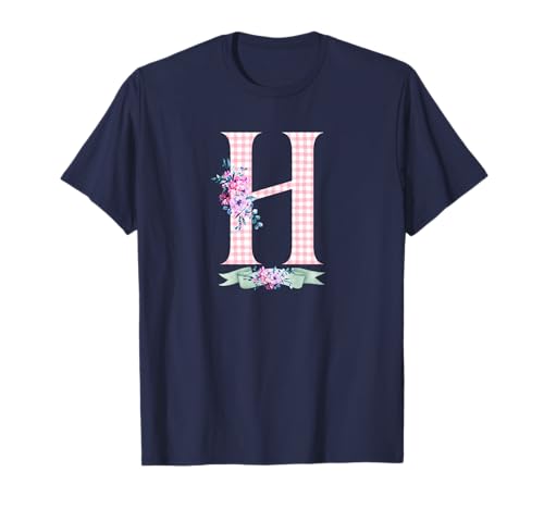 Damen H Initialbuchstabe und rosa Gingham-Blumenband T-Shirt Damen H Initialbuchstabe und rosa Gingham-Blumenband T-Shirt von LETTER FLOWER PINK GINGHAM GREEN RIBBON GRAPHICS