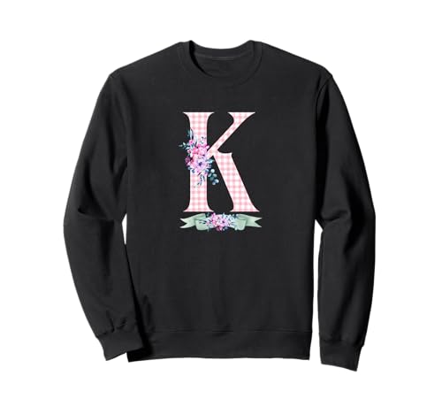 Damen K Initialbuchstabe und rosa Gingham-Blumenband Sweatshirt Damen K Initialbuchstabe und rosa Gingham-Blumenband Sweatshirt von LETTER FLOWER PINK GINGHAM GREEN RIBBON GRAPHICS
