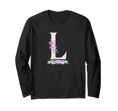 Damen L Initialbuchstabe und rosa Gingham-Blumenband Langarmshirt Damen L Initialbuchstabe und rosa Gingham-Blumenband Langarmshirt von LETTER FLOWER PINK GINGHAM GREEN RIBBON GRAPHICS