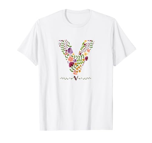 Damen-Buchstabe "V", Aquarell, Blumen-Motiv T-Shirt Damen-Buchstabe "V", Aquarell, Blumen-Motiv T-Shirt von LETTER GARDEN BOTANICAL WATERCOLOR GRAPHIC DESIGNS