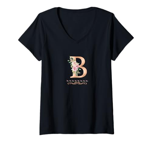 Damen Damen-Buchstabe "B", Initial, Aquarell, Altrosa Rose T-Shirt mit V-Ausschnitt Damen Damen-Buchstabe "B", Initial, Aquarell, Altrosa Rose T-Shirt mit V-Ausschnitt von LETTER GARDEN ROSES WATERCOLOR GRAPHIC DESIGNS