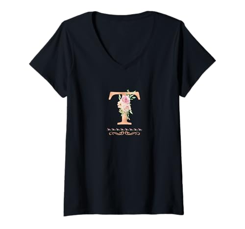 Damen Damen-Buchstabe "T" Initiale Aquarell Altrosa Rose Blume T-Shirt mit V-Ausschnitt Damen Damen-Buchstabe "T" Initiale Aquarell Altrosa Rose Blume T-Shirt mit V-Ausschnitt von LETTER GARDEN ROSES WATERCOLOR GRAPHIC DESIGNS