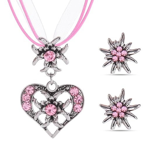 LETTERASHQP 3 Stück Trachtenschmuck Set Dirndlschmuck Oktoberfest Accessoires Edelweiss Dirndlkette Bayerisch Oktoberfest Damen Outfit Trachtenschmuck Damen mit Rosa Strass Edelweiss Anhänger von LETTERASHQP