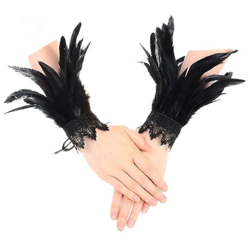 LETTERASHQP Feder Manschetten Damen Schwarz Halloween Feder Manschetten Damen Schwarz Frauen Federschlagarmbänder Feder Accessoires Feder Manschetten Halloween Feather Schmuckstück Spitzen Handschuhe von LETTERASHQP