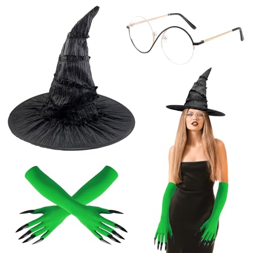 LETTERASHQP Hexe Kostüm Zubehör Hexen Kostüm Damen Hexenhut Hexen Zubehör Set Elphaba Kostümzubehör Hexenhut Elphaba Brille Grüne Kralle Handschuhe für Halloween Karneval Cosplay Party von LETTERASHQP