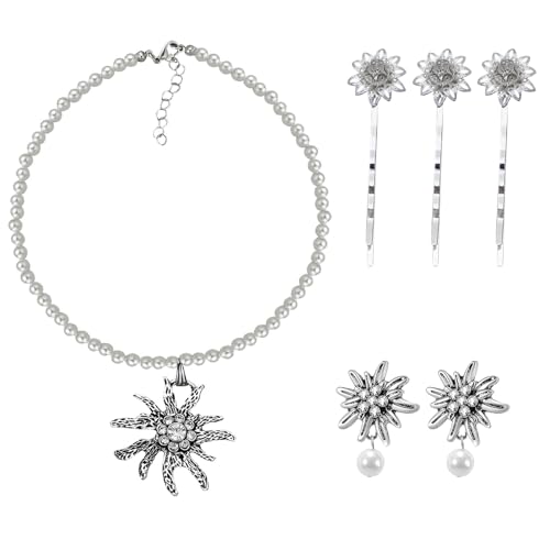 LETTERASHQP 6 Stück Trachtenschmuck Damen Lederhose Damen Tracht mit Strass Edelweiss Dirndl Trachtenschmuck Set Edelweiß Anhänger Oktoberfest Accessoires Oktoberfest Damens Outfit von LETTERASHQP