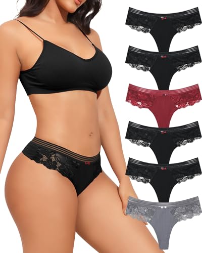 LEVAO Baumwolle Tangas für Frauen Spitze G-Strings Sexy Höschen No Show Unterwäsche T Back Multipack S-XL, 6 Pack-b, S von LEVAO