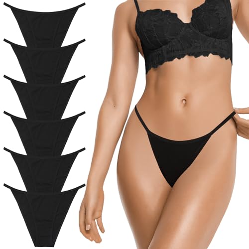 LEVAO Baumwolle Unterwäsche für Frauen String Bikini Höschen Sexy Freche Höschen-6er Pack Plus Größe Schwarz Panty, 6 Stück schwarz, M von LEVAO