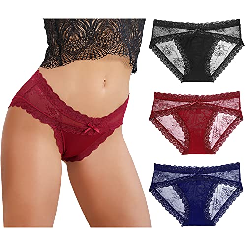 LEVAO Frauen Spitze Unterwäsche Sexy Atmungsaktiv Hipster Höschen Stretch Nahtlose Bikini Slips Multipack, Schwarz/Rot/Marineblau, XXL von LEVAO