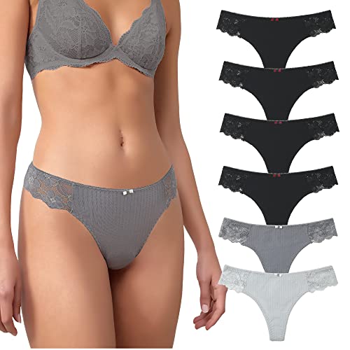 LEVAO G-String-Tangas für Damen, Baumwolle, sexy Spitze, T-Rücken, bequeme Unterwäsche, Multipack, S-XL, 4 x Schwarz/Grau/Graublau, L von LEVAO