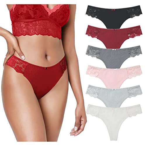 LEVAO G-String-Tangas für Damen, Baumwolle, sexy Spitze, T-Rücken, bequeme Unterwäsche, Multipack, S-XL, Schwarz/Grau/Weiß/Rosa/Rot/Blau, XL von LEVAO