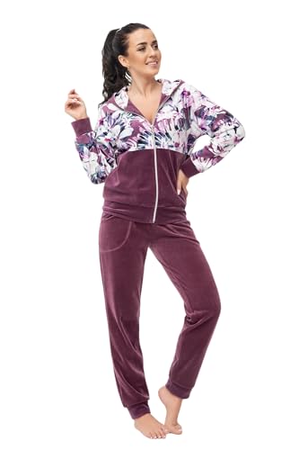 LEVERIE Trendiger Damen Wellnessanzug/Hausanzug/Trainingsanzug (Made in EU) mit stylischer Sweatjacke & bequemer Hose (L, Pflaume mit Blumenmuster) von LEVERIE