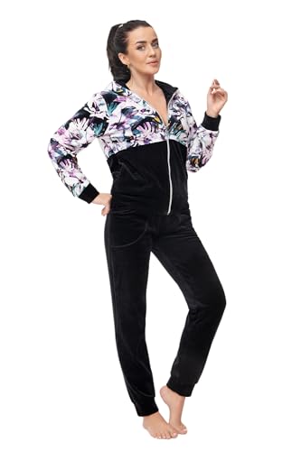 LEVERIE Trendiger Damen Wellnessanzug/Hausanzug/Trainingsanzug (Made in EU) mit stylischer Sweatjacke & bequemer Hose (XL, Schwarz mit Blumenmuster) von LEVERIE