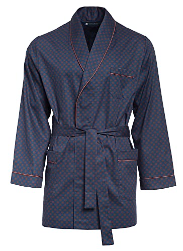 LEVERIE eleganter Herren-Kurzmantel Smoking Baumwoll-Bademantel/Morgenmantel mit Bindegürtel und Taschen - made in EU (4XL, Dunkelblau/Orange mit Punkte) von LEVERIE