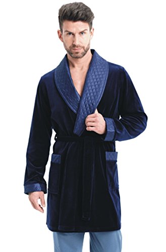 LEVERIE eleganter Herren-Kurzmantel Smoking Baumwoll-Bademantel mit Bindegürtel und Taschen - Made in EU, dunkelblau, Gr. L von LEVERIE