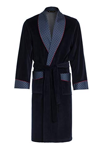 LEVERIE eleganter und kuschelweicher Bademantel/Saunamantel für Herren mit edlem Reverskragen und Bindegürtel, Dunkelblau mit Punkte 2, Gr. L von LEVERIE